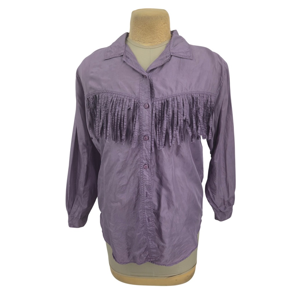 Silk Mist Fringe Western Shirt Women Small Purple 100% Silk Button Up Cowgirl